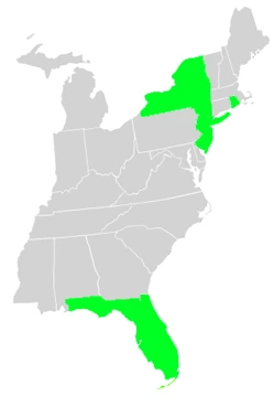 Map of the eastern United States highlighting New York, New Jersey, Connecticut, Pennsylvania and South Florida
